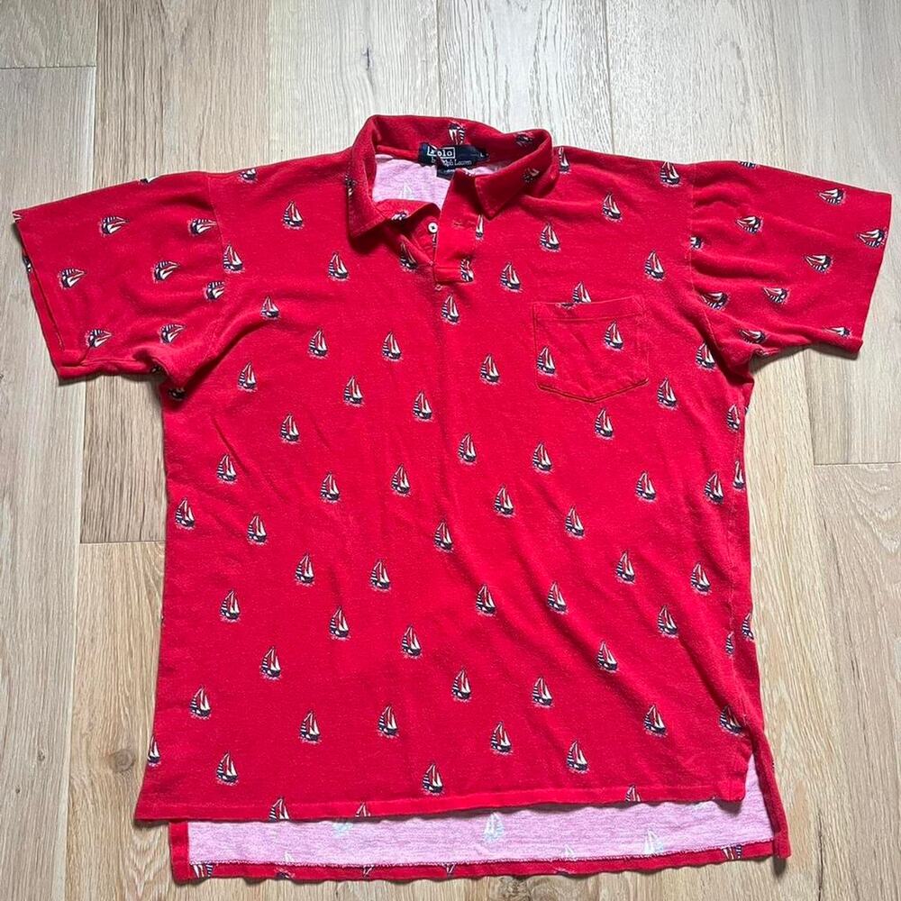 Rare Classic Polo Ralph Lauren red polo shirt with sailboat print (small flaw)